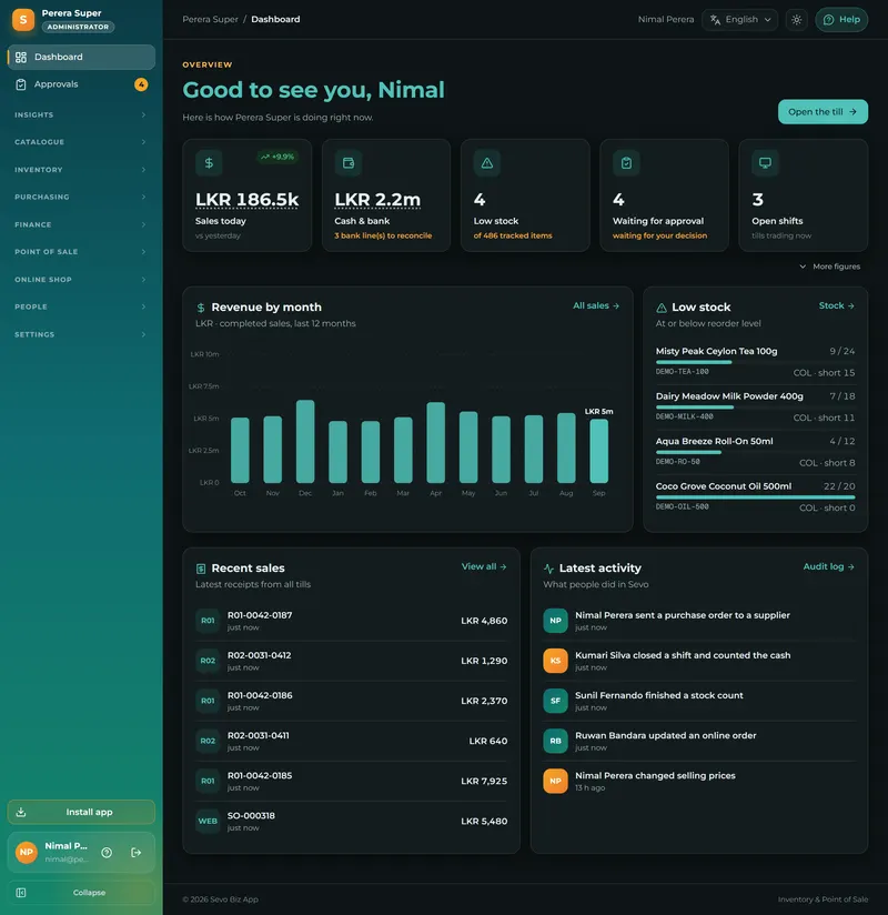 Your whole business on one screen: today's sales, stock to reorder, cash in the bank and what is due.