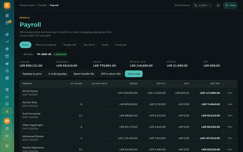 Monthly payroll with EPF, ETF and APIT worked out for every employee.
