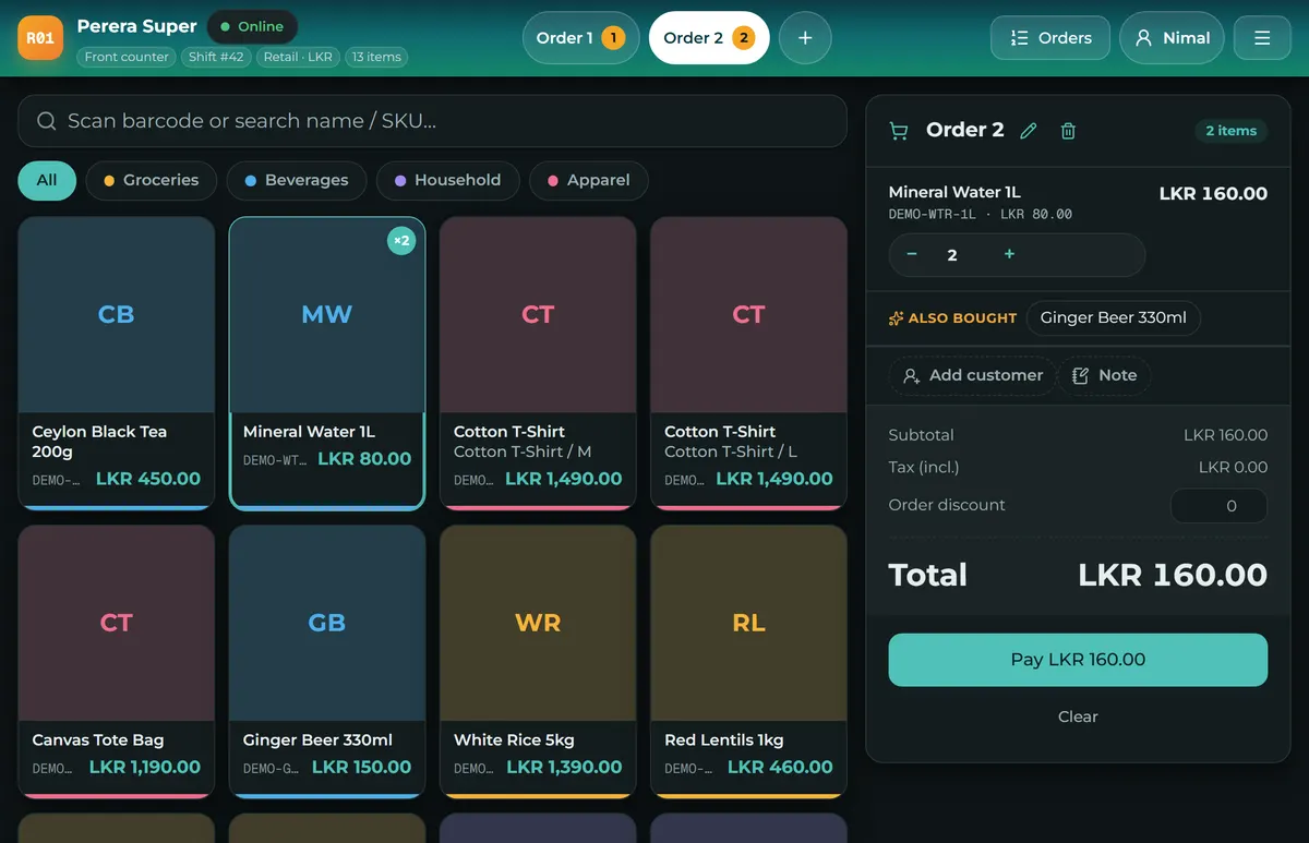 The Sevo Biz App till: a sale in progress with product tiles on the left and the basket and payment on the right