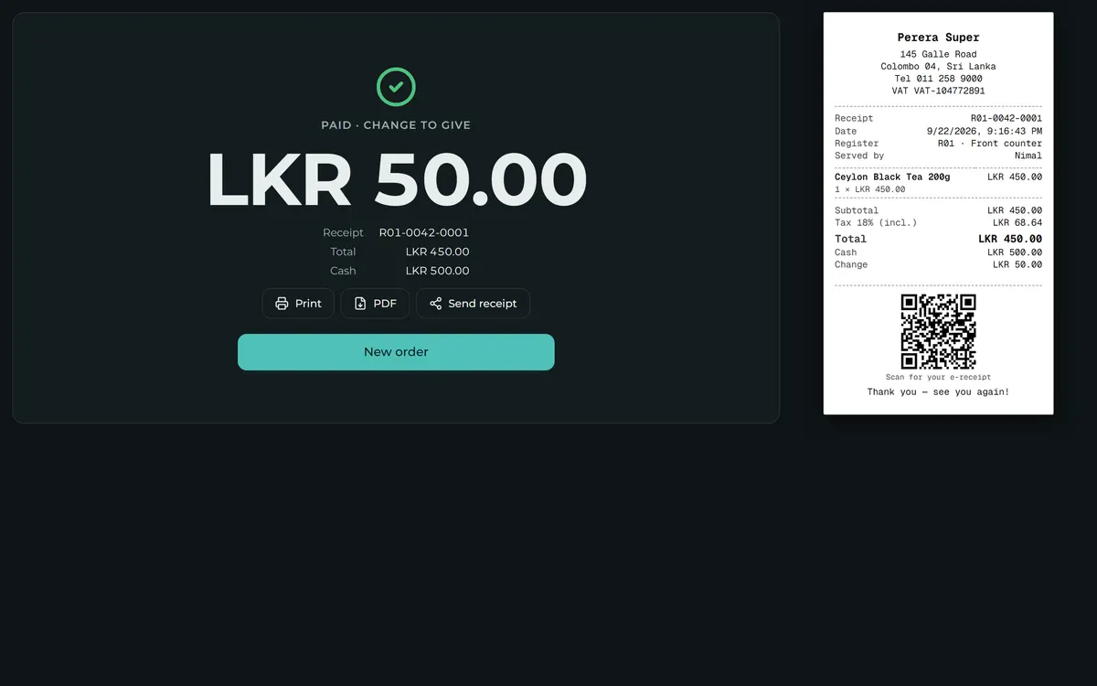 A completed sale in Sevo Biz App with the receipt number and the next-order prompt