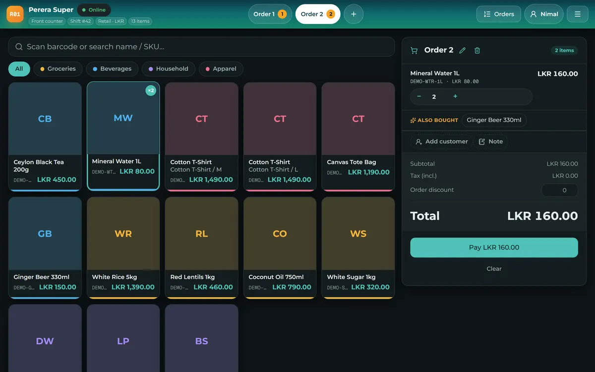 The Sevo Biz App register: product tiles by category on the left, the current order and total on the right